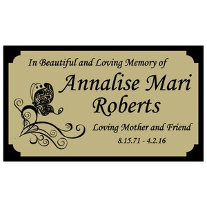 Butterfly and Flower Memorial Plaque, Cremation Urn Plate, Name Plate in Black and Gold- Multiple Sizes and Colors