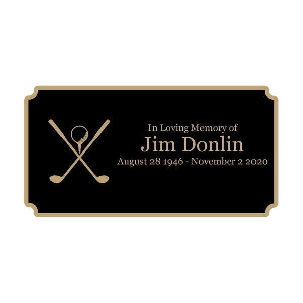 Golf Memorial Plaque, Cremation Urn Plate, Name Plate in Black and Gold- Multiple Sizes and Colors