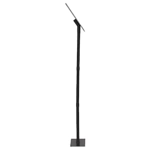 May include: A black metal sign holder with a rectangular base and a telescoping pole. The sign holder is adjustable in height.