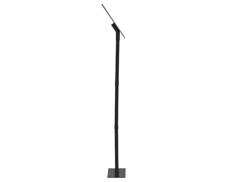 May include: A black metal sign holder with a rectangular base and a telescoping pole. The sign holder is adjustable in height.