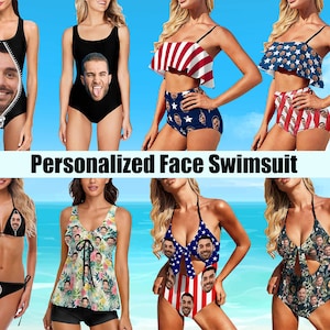 Custom Face Swimsuit Personalized Women's Bathing Suit with Photo Bikini Set Swimwear Anniversary Birthday Bachelorette Party Gift