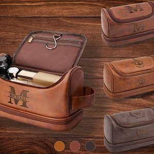 Trousse de toilette en cuir personnalisée pour homme initiale et nom gravés au laser Kit Dopp cadeau pour garçon d'honneur mari BF Trousse de toilette de voyage personnalisée
