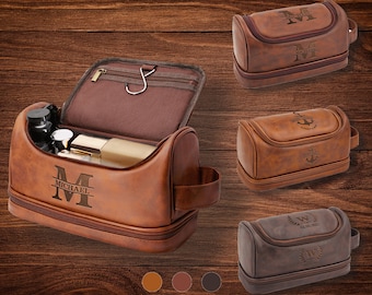 Personalized Men's Leather Toiletry Bag Laser Engraved Initial & Name Text Dopp Kit Gift for Groomsmen Husband BF Custom Travel Toiletry Bag