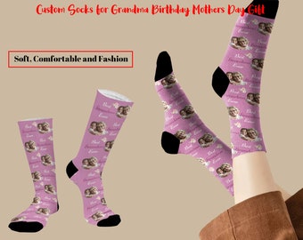 Custom Socks with Faces Personalized Photo Text Sox for Grandma I Love My Grandma Birthday Mother's Day Gift