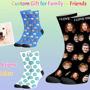 Custom Face Socks with Text Personalized Photo Sox Anniversary Birthday Christmas Gift for Unisex Adult Women Men Child Kids Family Couple