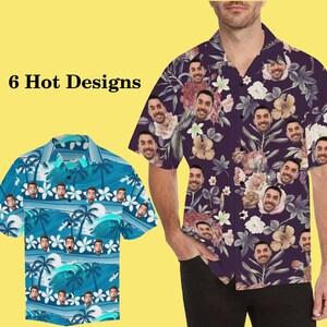 May include: Two short-sleeved shirts with a tropical print. One shirt is blue with palm trees and waves, the other is purple with flowers. Both shirts feature a repeated pattern of a person's face.