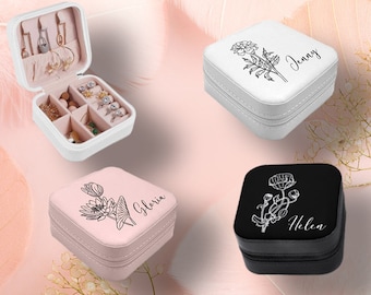 Personalized Travel Jewelry Box Birth Flower Mother's Day Birthday Bridal Party Souvenir Bridesmaid Gifts Box Small Square Earring Organizer