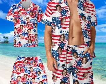 Custom Face Hawaiian Shirts, Swim Shorts Independence Day 4th of July 250th Anniversary Flag