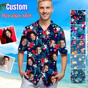 May include: A custom Hawaiian shirt with a navy blue floral pattern, featuring faces and tropical flowers. The shirt has a classic collar and short sleeves. The text "Custom Hawaiian Shirt" is visible at the top of the image.