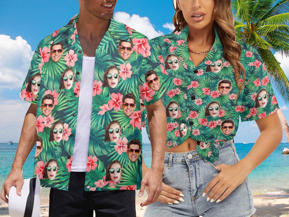 Custom Face Hawaiian Shirt for Men Women Personalized Photo Text Hawaii Shirt Bachelor Party Shirts Anniversary Birthday Trip Dad Mom Gift