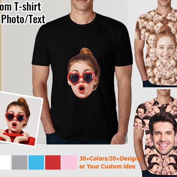 T-shirt personnalisé avec texte de visages, photo personnalisée sur des t-shirts pour homme, femme, anniversaire, anniversaire, cadeau de Noël pour famille, couple, amis