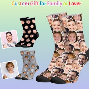 Custom Face Socks with Text Personalized Photo Sox Anniversary Birthday Christmas Gift for Unisex Adult Women Men Child Kids Family Couple