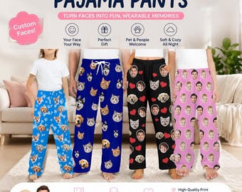 Personalized Face Pajama Pants Kids Adult, Pet Face Photo Pjs, Custom Family Christmas Gift