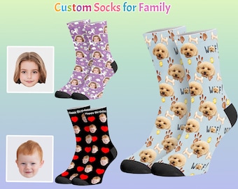 Custom Face Socks with Text Personalized Photo Sox Anniversary Birthday Christmas Gift for Unisex Adult Women Men Child Kids Family Couple