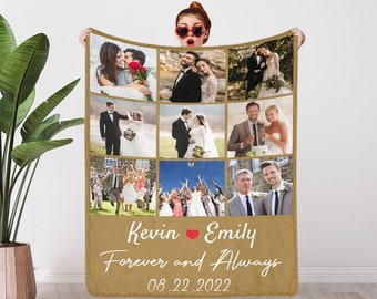 Custom Photo Blanket Collage Personalized Picture Family Couple Besties Memorial Blanket with Text Anniversary Birthday Christmas Gift