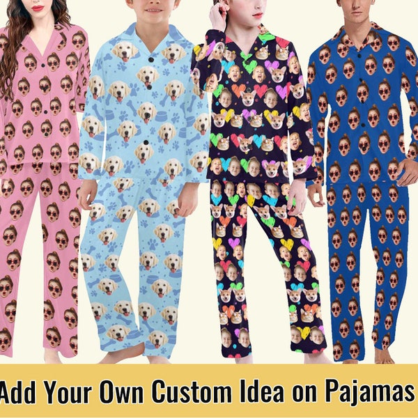 Conjunto de pijama de cara personalizado Pijamas personalizados con foto de perro Hombres Mujeres Niños Niñas Pijamas largos Fiesta nupcial Pj Regalo para amantes de la familia Navidad