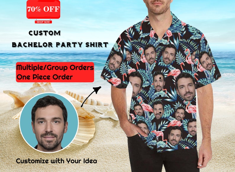 Custom Face Hawaiian Shirt for Men Personalized Photo Text Hawaii Shirt Bachelor Party Shirts Anniversary Vacation Trip Fathers Day Gift image 1
