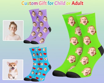 Aangepaste gezichtssokken met tekst gepersonaliseerde foto Sox verjaardag verjaardag kerstcadeau voor unisex volwassen vrouwen mannen kind kinderen familie paar