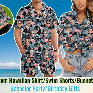 Aangepast Hawaiiaans shirt met gezicht vrijgezellenfeest shirts Aangepaste gezichtsshirts Aangepaste zwembroek Foto strandshorts herenshirt en shorts dames