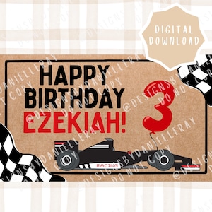 May include: A birthday card design featuring a black race car with the word "RACING" on it. The card says "HAPPY BIRTHDAY EZEKIAH!" in black and red text, with a red number 3 balloon. A digital download graphic is also included.