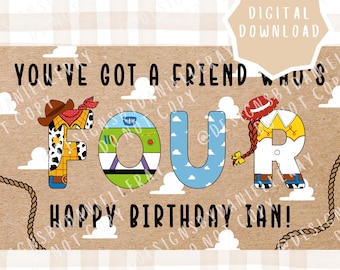 Op Toy Story geïnspireerde sjabloon voor spandoek voor vierde verjaardag | Bewerkbare digitale download