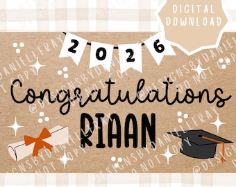 May include: A digital download graduation announcement with the text "Congratulations Riaan 2026". The design includes a graduation cap, diploma, and star accents, set against a tan background with a plaid pattern.