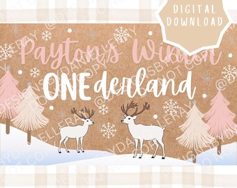 Cyfrowy zimowy szablon baneru ONEderland | Pierwsze urodziny w kształcie płatka śniegu | Edytowalna wersja cyfrowa do pobrania | Dekoracja urodzinowa ONE