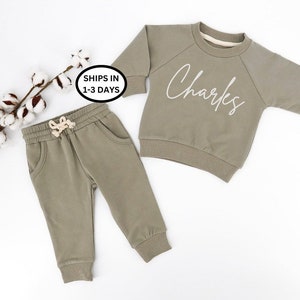 Jogger set for kids,2 pieces set, baby gift, Organic Cotton 2-Piece Baby Sweatsuit, Embroidered name name image 2