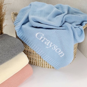 Custom Name baby Blanket,Embroidered Name,Stroller Blanket,Newborn Baby Gift ,Soft Breathable Cotton Knit image 1