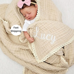 Baby Blanket, Organic Muslin blanket,Personalized baby blanket,Luxury Baby Swaddle Blanket, embroidered name baby blanket, baby shower gift. 画像 1