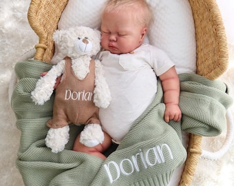 Cozy Baby Blanket and Plush Bear Duo, Soft Cotton Knit Blanket with Plush Toy, Perfect Newborn Gift, Baby Blanket with Bear Toy