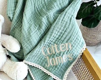 Baby gift,Baby Blanket, Organic Muslin blanket,Personalized baby blanket,Luxury Baby Swaddle Blanket, embroidered name baby blanket