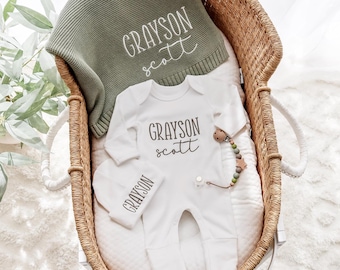 Newborn gift set with a cozy knit blanket, personalized baby bodysuit, hat & more perfect for baby showers homecoming!
