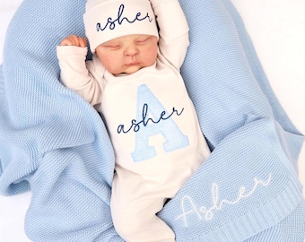 Personalized Baby Boy Set, Oat Romper with Hat with Light Blue Blanket, Custom Embroidered Name, Newborn Outfit, Blanket, Baby Shower Gift