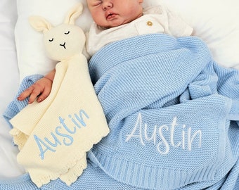 Baby Blanket Set, Embroidered Name, Stroller Blanket, Newborn Baby Gift, Soft Breathable Cotton Knit, Baby shower gift.