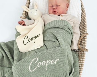 Baby Blanket Set, Custom Embroidered Name, Stroller Blanket, Newborn Baby Gift, Soft Breathable Cotton Knit