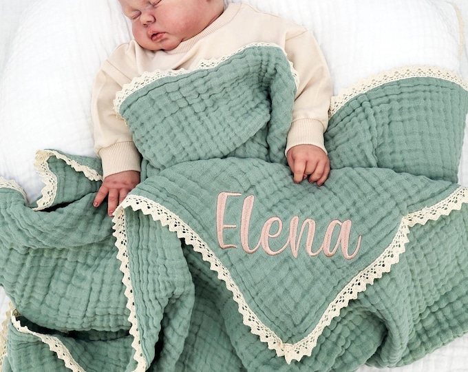 Muslin baby blanket, organic blanket, Personalized baby swaddle blanket, embroidered name newborn gift, baby shower gift