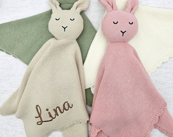 Cotton knit security blanket with animal for newborn, Embroidered name, Newborn Babies Security Blankets Knitted, Baby shower gift.
