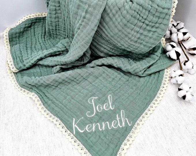 Organic Muslin blanket,Personalized baby blanket,Luxury Baby Swaddle Blanket, embroidered name baby blanket, baby shower gift.