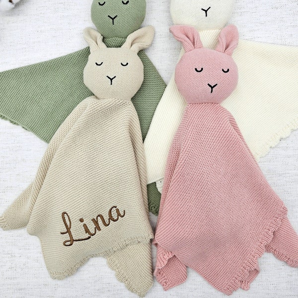 Cotton knit security blanket with animal for newborn, Embroidered name, Newborn Babies Security Blankets Knitted, Baby shower gift.