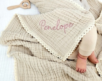 Organic Muslin baby blanket,Personalized baby blanket,Luxury Baby Swaddle Blanket, embroidered name baby blanket, baby shower gift.
