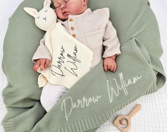 Baby Blanket Set, Baby shower Gift, Embroidered Name, Stroller Blanket, Newborn Baby Gift, Soft Breathable Cotton Knit