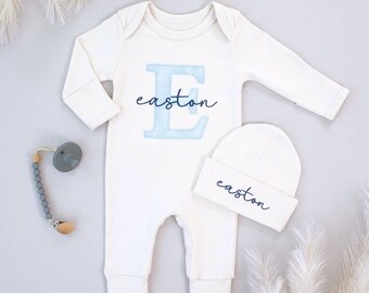 Baby Boy Set, Oat Romper with Hat with Light Blue Blanket, Custom Embroidered Name, Newborn Outfit, Blanket, Baby Shower Gift
