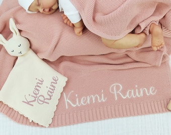 Baby Blanket Set, Baby Gift, Embroidered Name, Stroller Blanket, Newborn Baby Gift, Soft Breathable Cotton Knit