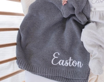 Personalized Knitted Baby Blanket, Embroidered Baby Blanket, Baby Name Blanket, Newborn Gifts, Baby Keepsake Gift, Soft Cotton Baby Blanket