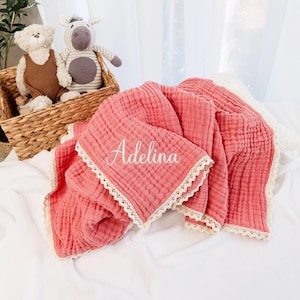 Personalized blanket, organic muslin blanket, baby swaddle blanket, embroidered name newborn gift, baby shower gift, newborn swaddle blanket