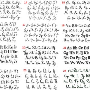May include: A collection of 24 different handwritten font styles, each displaying the alphabet in uppercase and lowercase letters. The fonts vary in style, from elegant cursive to bold, block lettering, perfect for design projects.