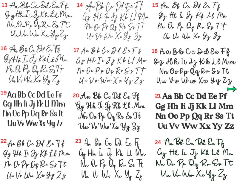 May include: A collection of 24 different handwritten font styles, each displaying the alphabet in uppercase and lowercase letters. The fonts vary in style, from elegant cursive to bold, block lettering, perfect for design projects.