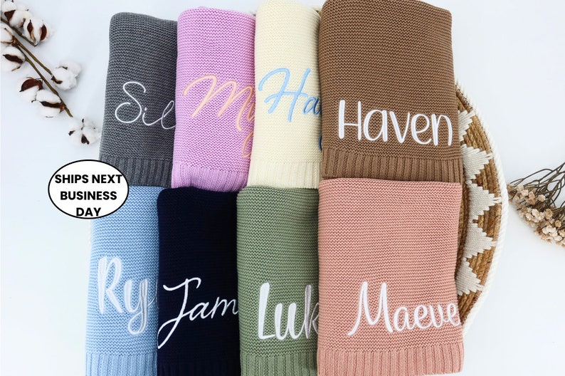 Baby Blanket gift, Embroidered Name, Stroller Blanket, Newborn Baby Gift, Soft Breathable Cotton Knit, newborn gift, custom baby blanket. image 2