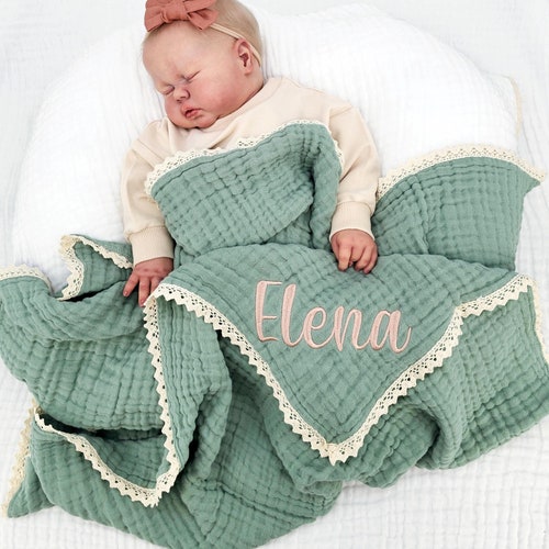 Muslin baby blanket, organic blanket, Personalized baby swaddle blanket, embroidered name newborn gift, baby shower gift